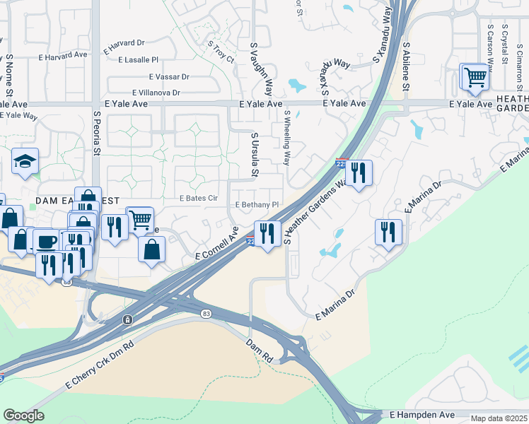 map of restaurants, bars, coffee shops, grocery stores, and more near 13255 East Bethany Place in Aurora