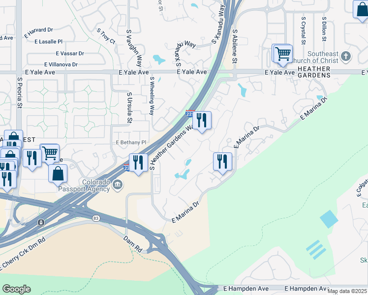 map of restaurants, bars, coffee shops, grocery stores, and more near 13606 East Bates Avenue in Aurora