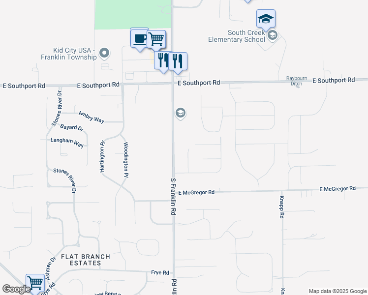 map of restaurants, bars, coffee shops, grocery stores, and more near 7237 South Franklin Road in Indianapolis