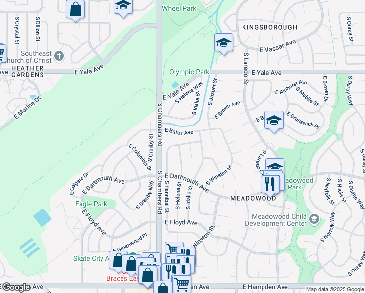 map of restaurants, bars, coffee shops, grocery stores, and more near 15459 East Cornell Avenue in Aurora