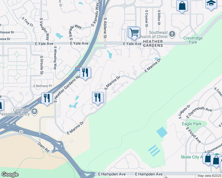 map of restaurants, bars, coffee shops, grocery stores, and more near in Aurora