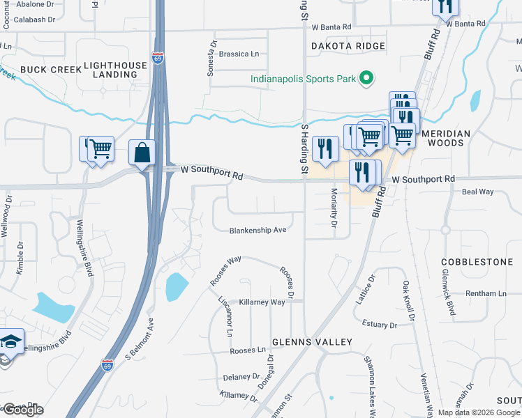 map of restaurants, bars, coffee shops, grocery stores, and more near 7042 Lesta Court in Indianapolis