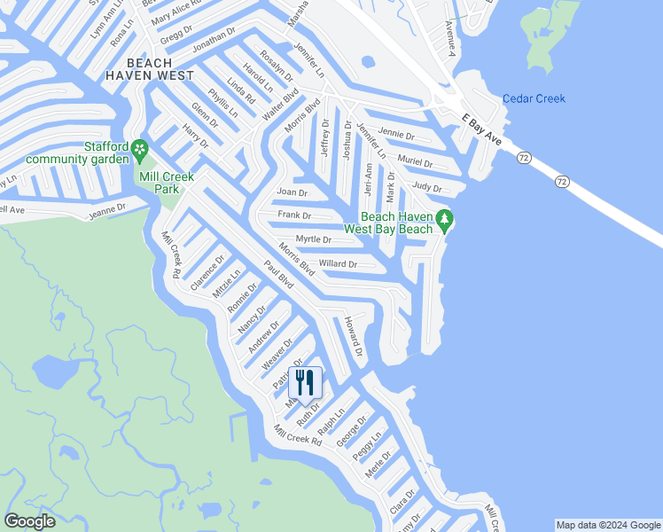map of restaurants, bars, coffee shops, grocery stores, and more near 35 Willard Drive in Stafford Township