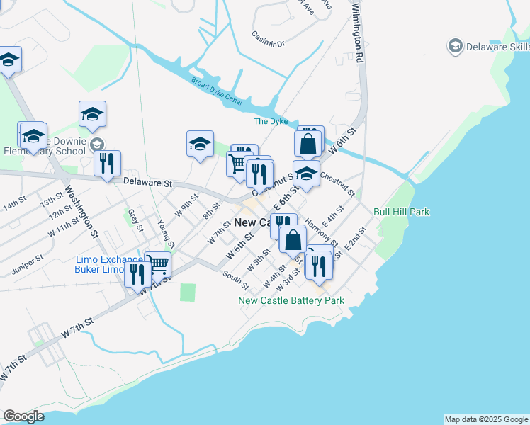 map of restaurants, bars, coffee shops, grocery stores, and more near 623 Cherry Street in New Castle