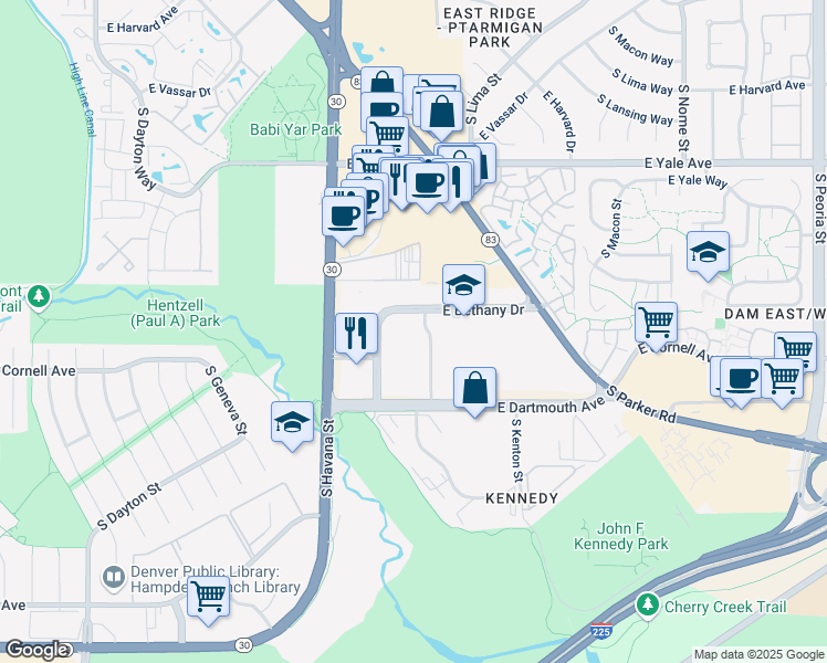 map of restaurants, bars, coffee shops, grocery stores, and more near 10700 East Bethany Drive in Aurora