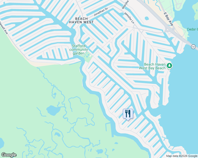 map of restaurants, bars, coffee shops, grocery stores, and more near 36 Clarence Drive in Stafford Township