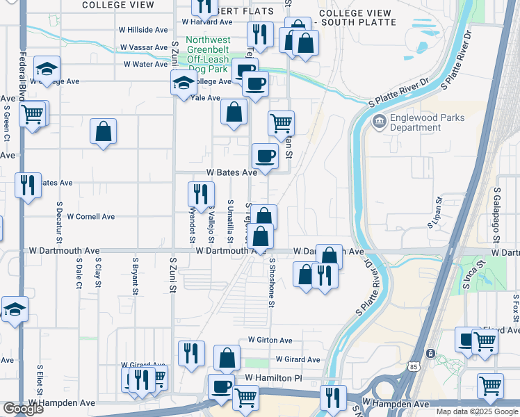 map of restaurants, bars, coffee shops, grocery stores, and more near 1917 West Cornell Avenue in Englewood