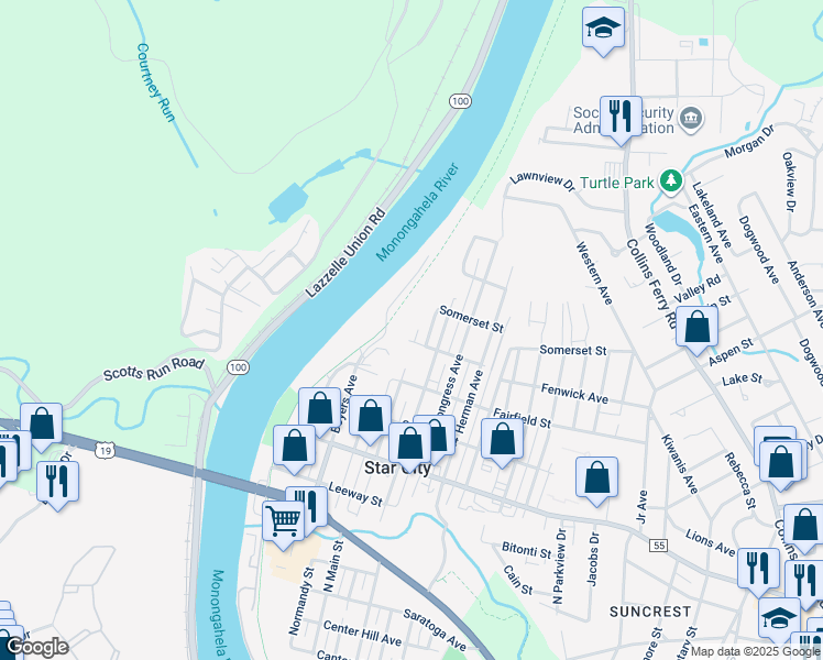 map of restaurants, bars, coffee shops, grocery stores, and more near 551 Crawford Avenue in Star City