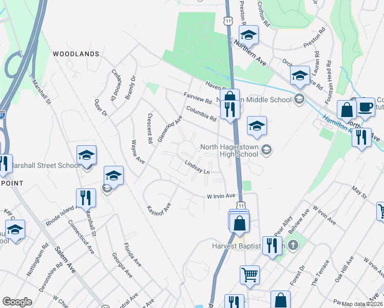 map of restaurants, bars, coffee shops, grocery stores, and more near 1450 Lindsay Lane in Hagerstown