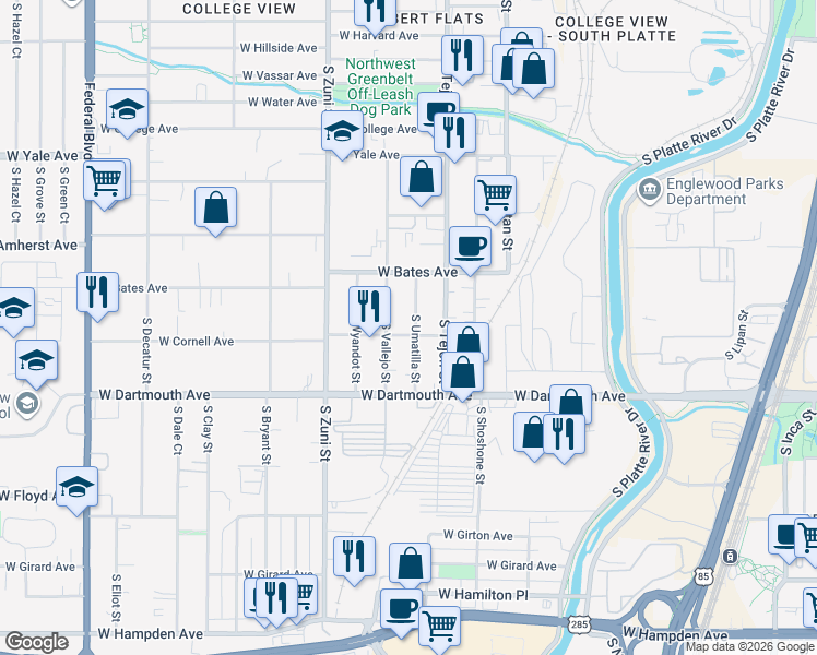 map of restaurants, bars, coffee shops, grocery stores, and more near 2960 South Umatilla Street in Englewood