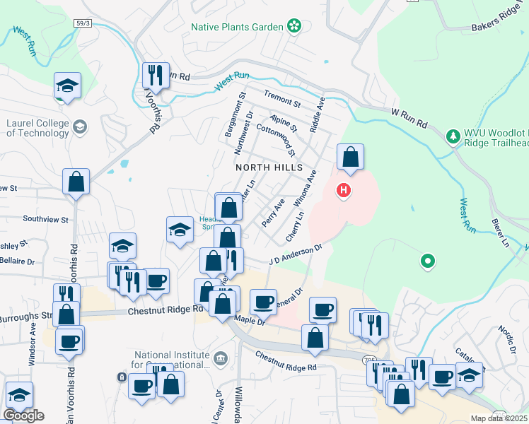 map of restaurants, bars, coffee shops, grocery stores, and more near 1337 Riddle Avenue in Morgantown