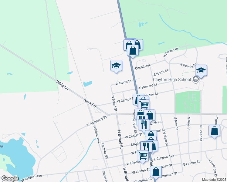 map of restaurants, bars, coffee shops, grocery stores, and more near 130 West North Street in Clayton