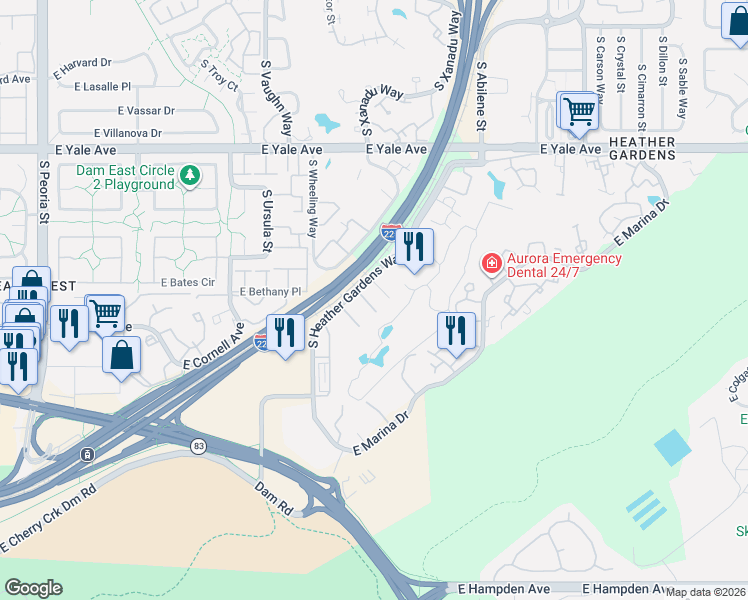 map of restaurants, bars, coffee shops, grocery stores, and more near 13606 East Bates Avenue in Aurora