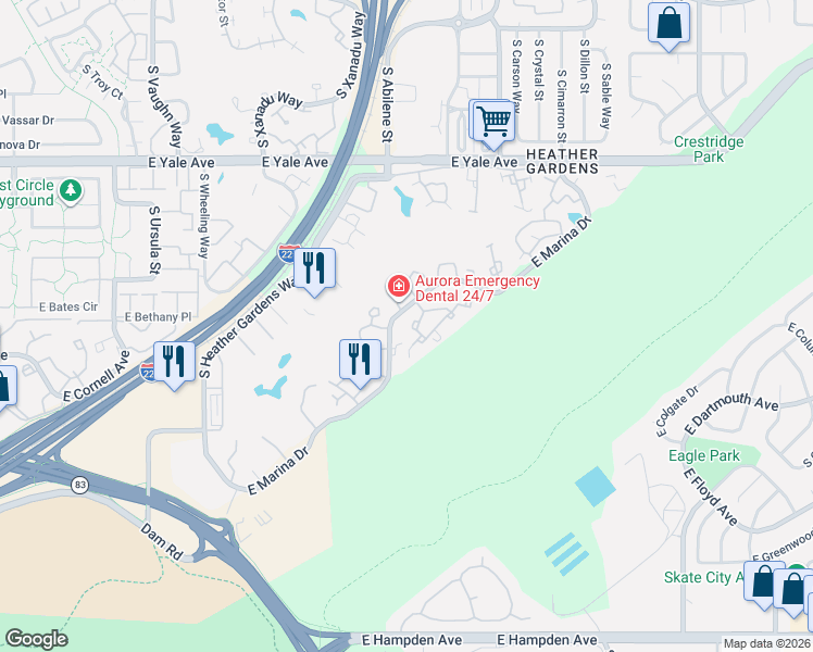 map of restaurants, bars, coffee shops, grocery stores, and more near 13890 East Marina Drive in Aurora
