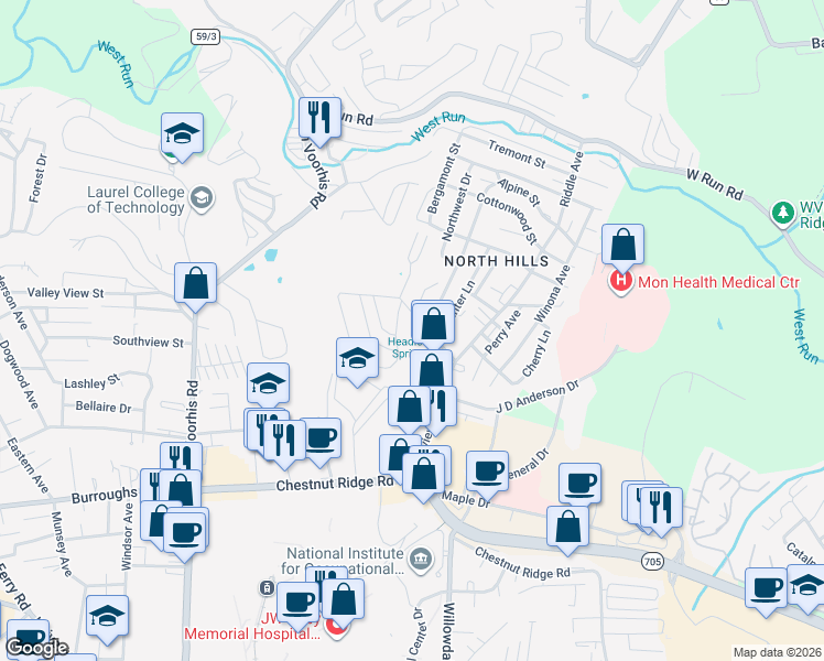 map of restaurants, bars, coffee shops, grocery stores, and more near 1332 Pineview Drive in Morgantown