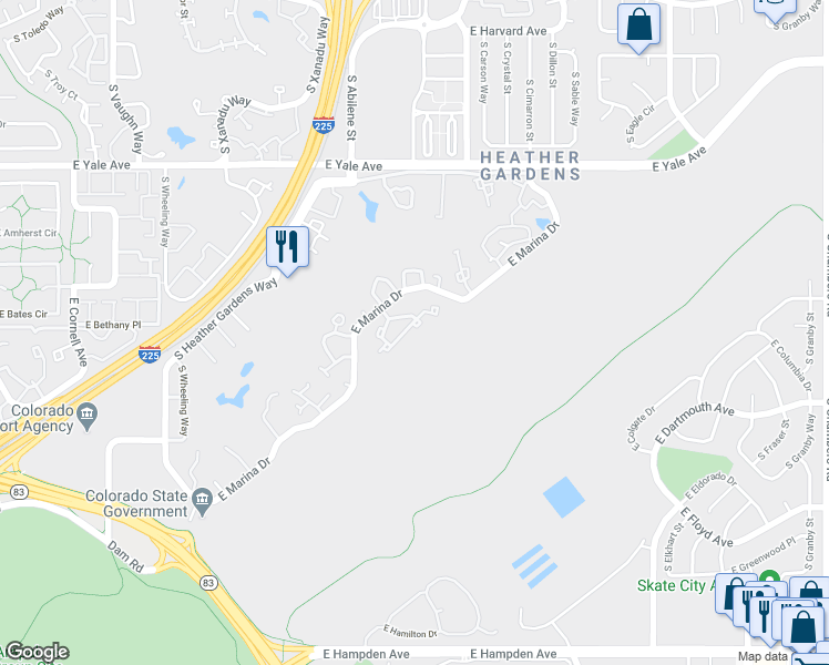 map of restaurants, bars, coffee shops, grocery stores, and more near 13902 East Marina Drive in Aurora