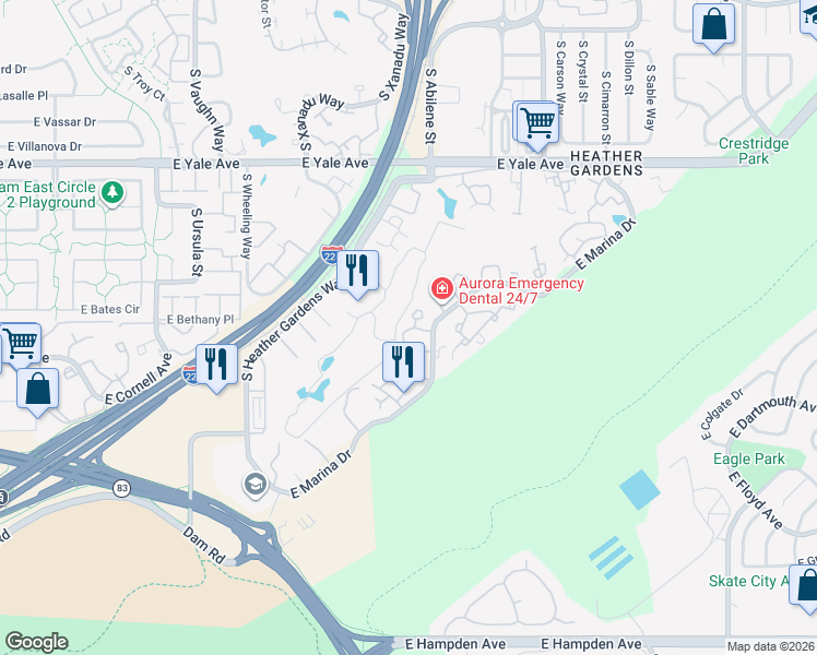 map of restaurants, bars, coffee shops, grocery stores, and more near 13791 East Marina Drive in Aurora