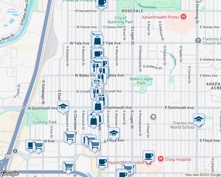 map of restaurants, bars, coffee shops, grocery stores, and more near 2961 South Lincoln Street in Englewood