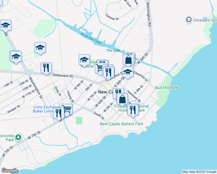 map of restaurants, bars, coffee shops, grocery stores, and more near 623 Cherry Street in New Castle