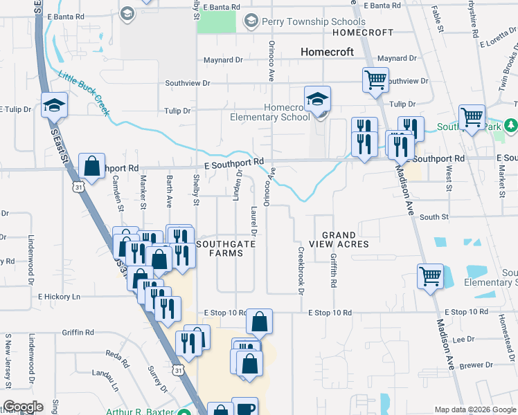 map of restaurants, bars, coffee shops, grocery stores, and more near 7102 Laurel Drive in Indianapolis