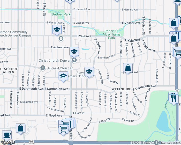 map of restaurants, bars, coffee shops, grocery stores, and more near 3000 South Clayton Street in Denver