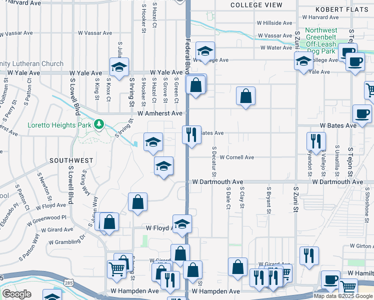 map of restaurants, bars, coffee shops, grocery stores, and more near 2969 South Federal Boulevard in Denver