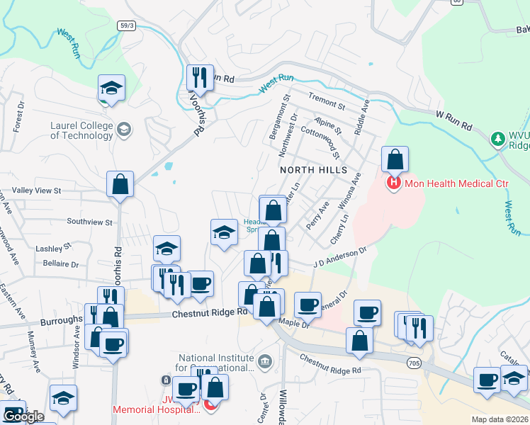 map of restaurants, bars, coffee shops, grocery stores, and more near 1332 Pineview Drive in Morgantown