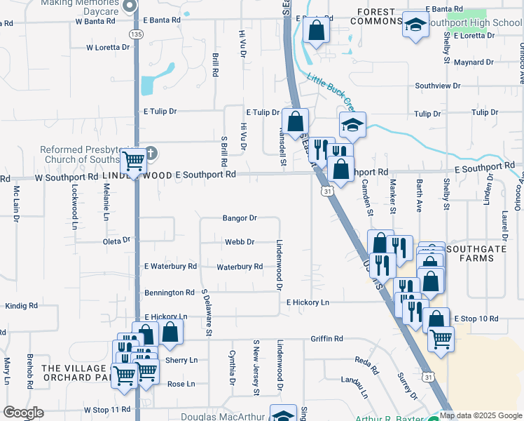 map of restaurants, bars, coffee shops, grocery stores, and more near 346 Bangor Drive in Indianapolis