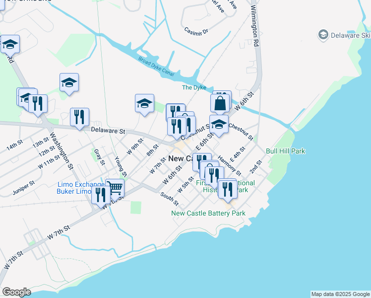 map of restaurants, bars, coffee shops, grocery stores, and more near 615 Delaware Street in New Castle