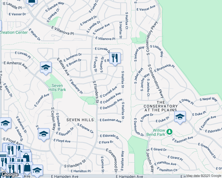 map of restaurants, bars, coffee shops, grocery stores, and more near 19857 East Cornell Avenue in Aurora