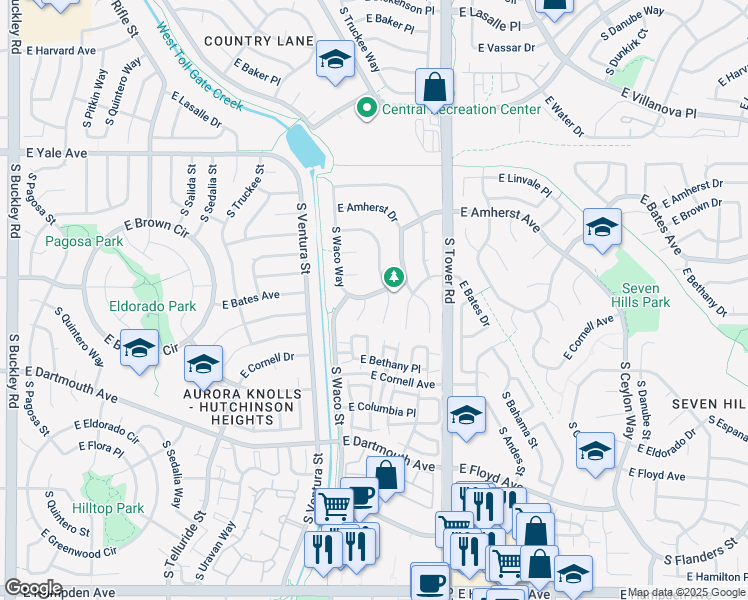map of restaurants, bars, coffee shops, grocery stores, and more near 2851 South Waco Way in Aurora