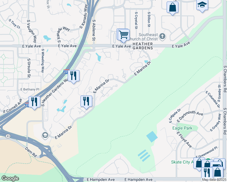 map of restaurants, bars, coffee shops, grocery stores, and more near 13902 East Marina Drive in Aurora