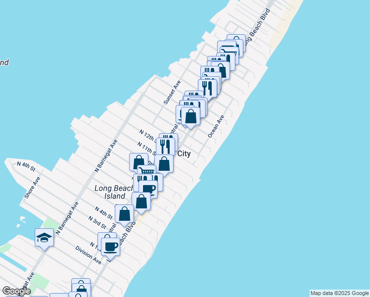 map of restaurants, bars, coffee shops, grocery stores, and more near 46 13th Street in Surf City