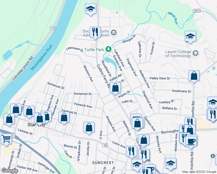 map of restaurants, bars, coffee shops, grocery stores, and more near 509 Martin Street in Morgantown
