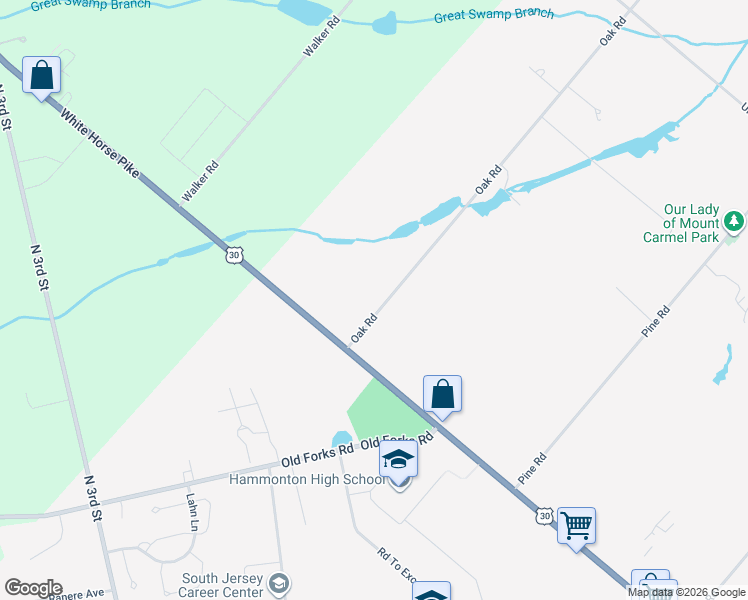 map of restaurants, bars, coffee shops, grocery stores, and more near 17 Oak Road in Hammonton