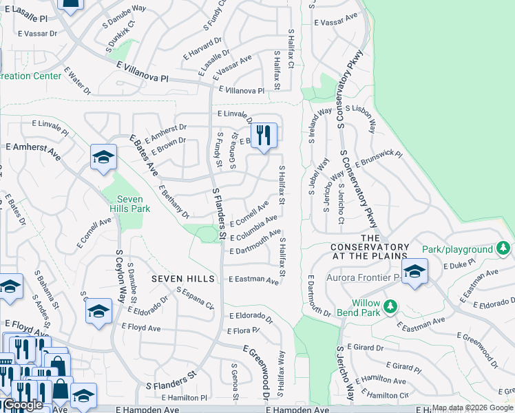 map of restaurants, bars, coffee shops, grocery stores, and more near 19930 East Cornell Avenue in Aurora