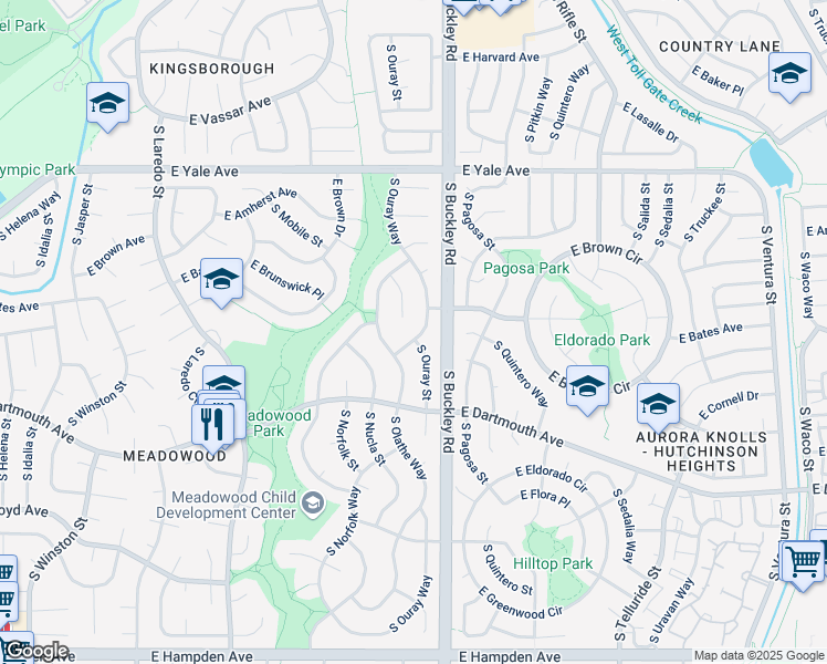 map of restaurants, bars, coffee shops, grocery stores, and more near 2895 South Olathe Court in Aurora