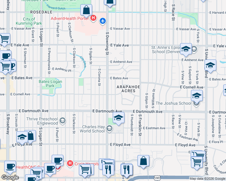 map of restaurants, bars, coffee shops, grocery stores, and more near 2960 South Downing Street in Englewood