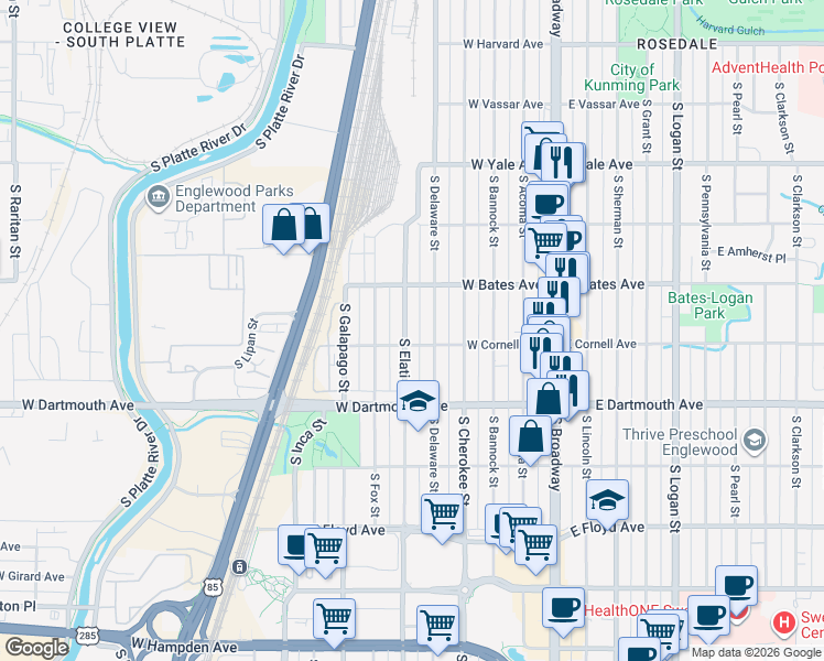 map of restaurants, bars, coffee shops, grocery stores, and more near 2959 South Delaware Street in Englewood