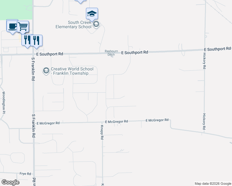 map of restaurants, bars, coffee shops, grocery stores, and more near 9009 East Southport Road in Indianapolis