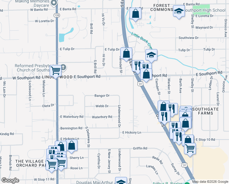 map of restaurants, bars, coffee shops, grocery stores, and more near 346 Bangor Drive in Indianapolis