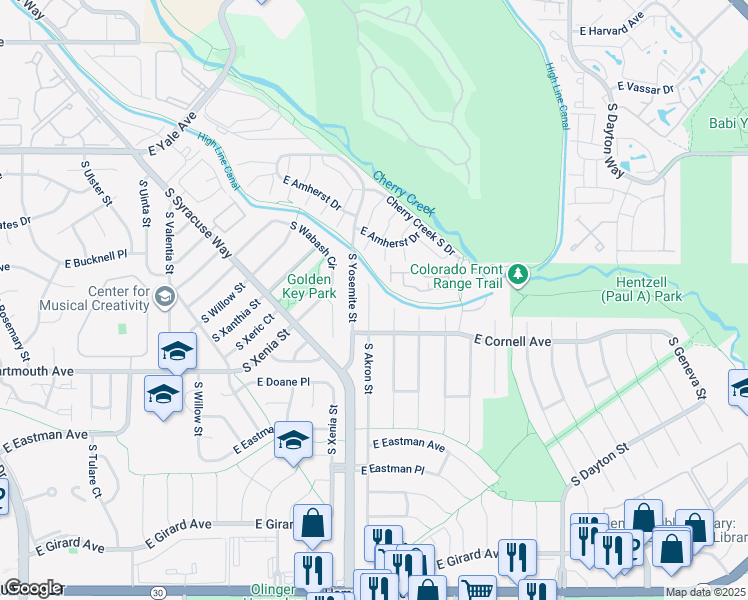 map of restaurants, bars, coffee shops, grocery stores, and more near 2964 South Akron Street in Denver