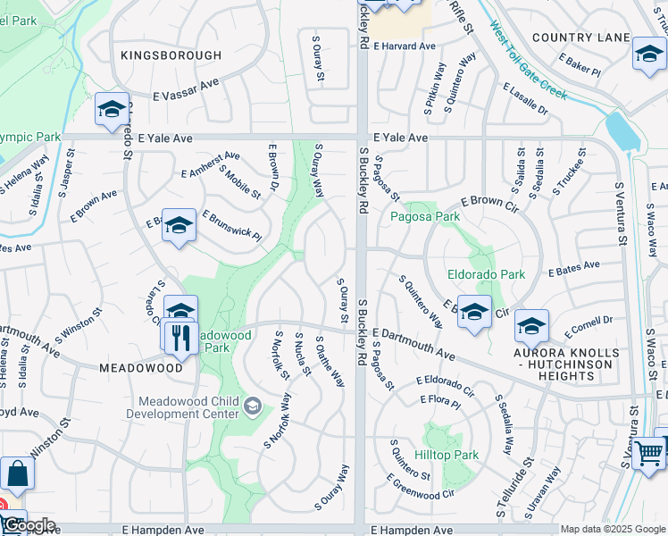 map of restaurants, bars, coffee shops, grocery stores, and more near 2895 South Olathe Court in Aurora