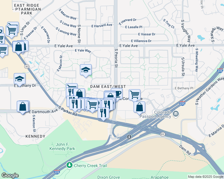 map of restaurants, bars, coffee shops, grocery stores, and more near 11930 East Bates Circle in Aurora