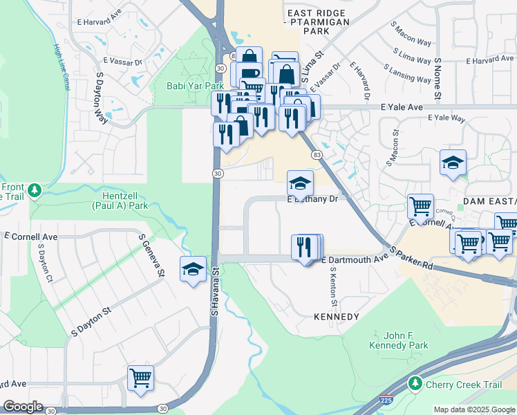 map of restaurants, bars, coffee shops, grocery stores, and more near 10700 East Bethany Drive in Aurora