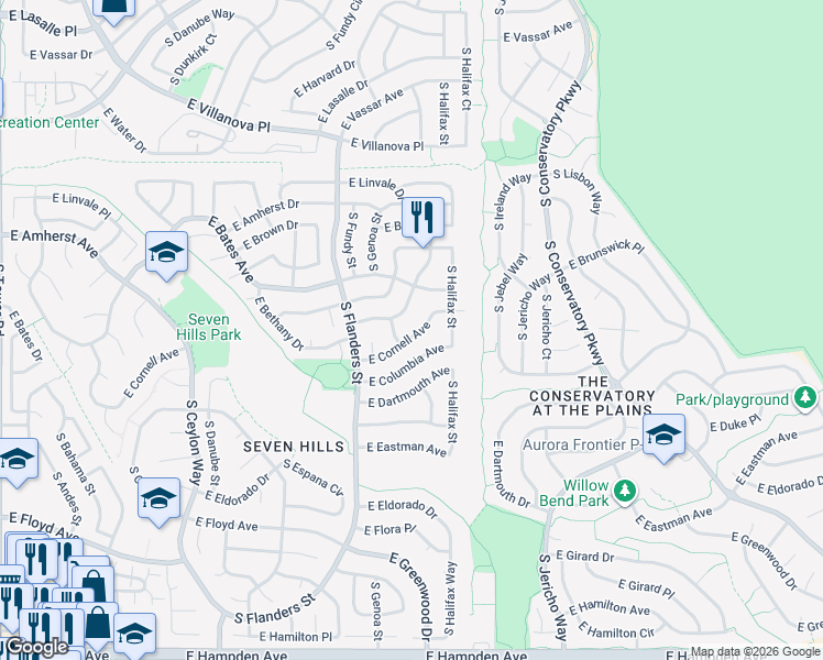 map of restaurants, bars, coffee shops, grocery stores, and more near 19930 East Cornell Avenue in Aurora