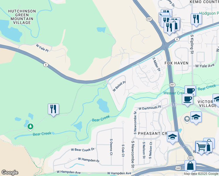 map of restaurants, bars, coffee shops, grocery stores, and more near 2831 South Newcombe Way in Lakewood