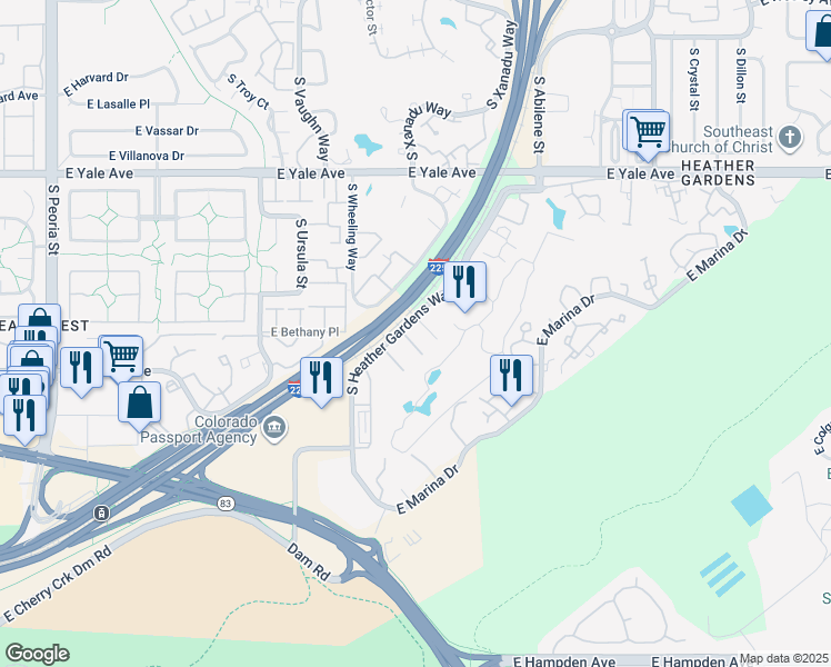map of restaurants, bars, coffee shops, grocery stores, and more near 13606 East Bates Avenue in Aurora