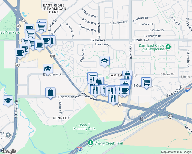 map of restaurants, bars, coffee shops, grocery stores, and more near 11595 East Cornell Circle in Aurora