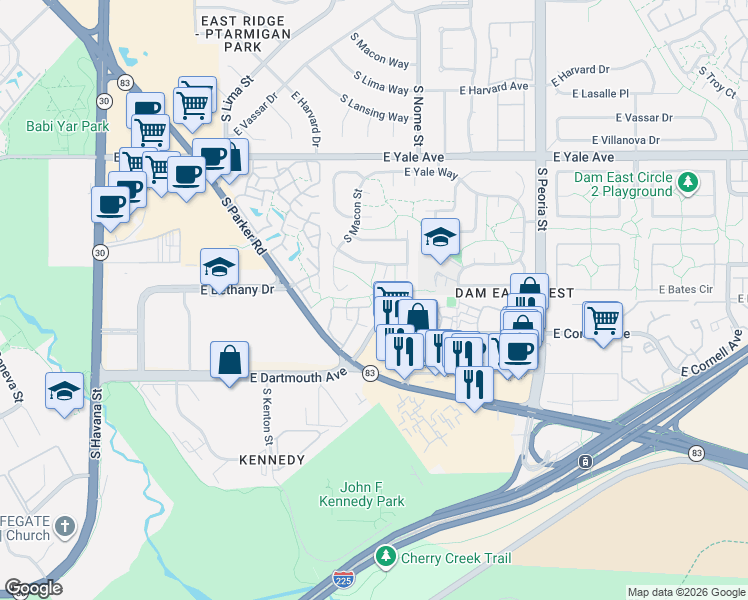 map of restaurants, bars, coffee shops, grocery stores, and more near 3042 South Macon Circle in Aurora
